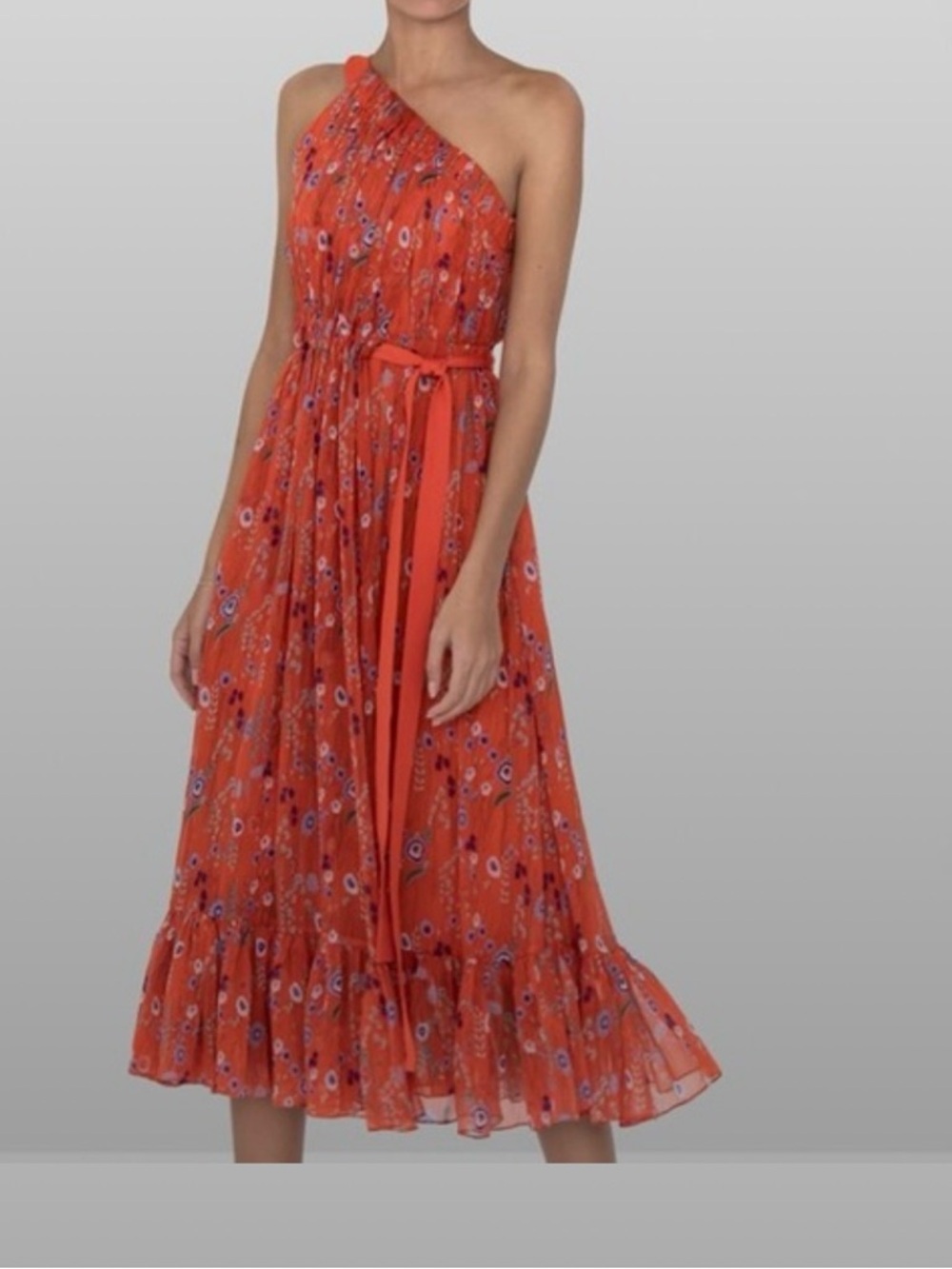 Alexis One-Shoulder Orange Floral Midi Dress